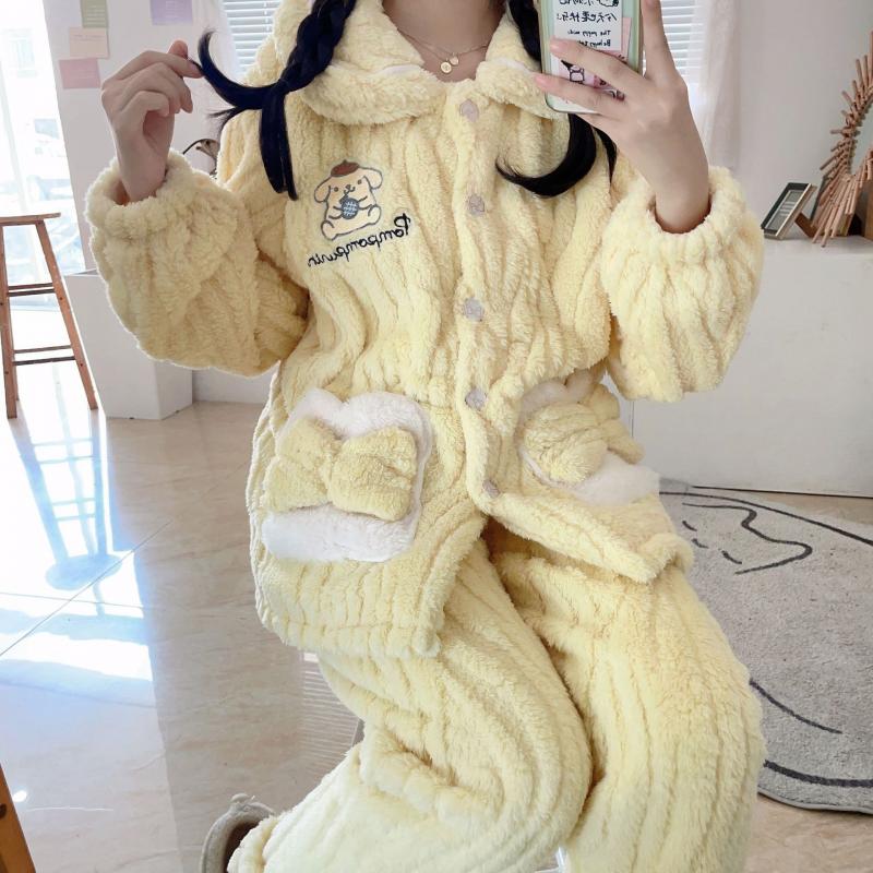 Kawaii Anime Pompompurin Pajamas My Melody Cinnamoroll Flannel Winter Warm Nightwear Women Cartoon Home Wear Christmas 1 - PomPomPurin Plush