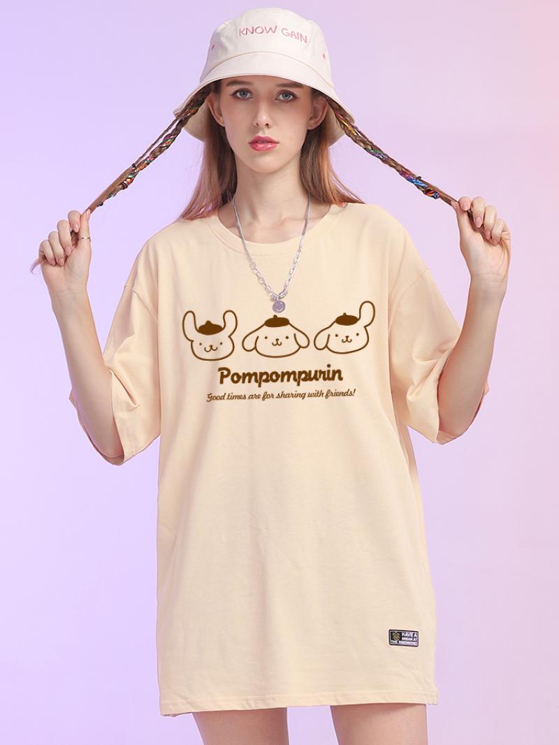 Kawaii Sanrio Short Sleeve T Shirt Clothes Cartoon Kuromi My Melody Cinnamoroll PompomPurin Loose Summer Girlfriends - PomPomPurin Plush